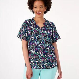 Denim & Co. Printed Flutter Sleeve Blouse | Women's Size XXS Jewel Tones NEW